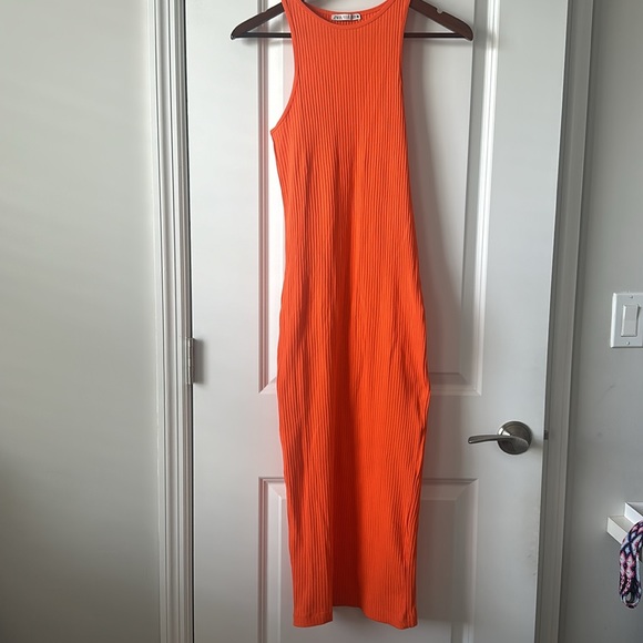 Zara Tangerine Orange Pencil Bodycon ribbed Tank Maxi long dress Size S - Picture 2 of 6